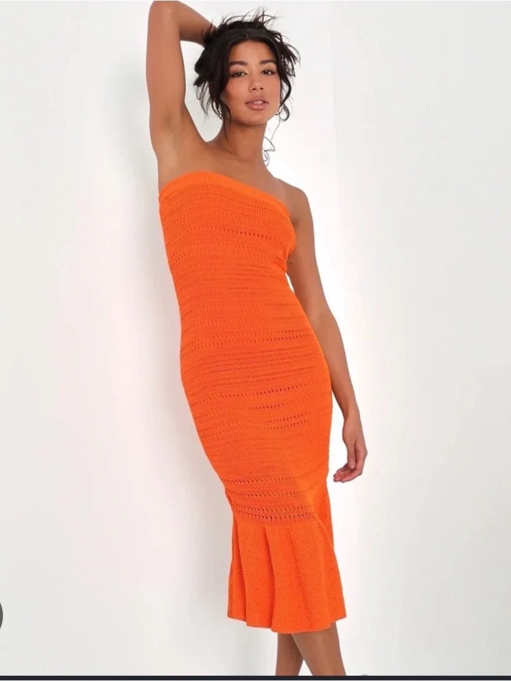 Strapless Orange Knit/crochet Midi Dress